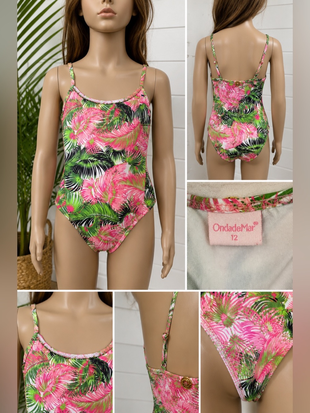 OndadeMar Girls One Piece Swimsuit Tropical Palm Print Pink Green Size 12